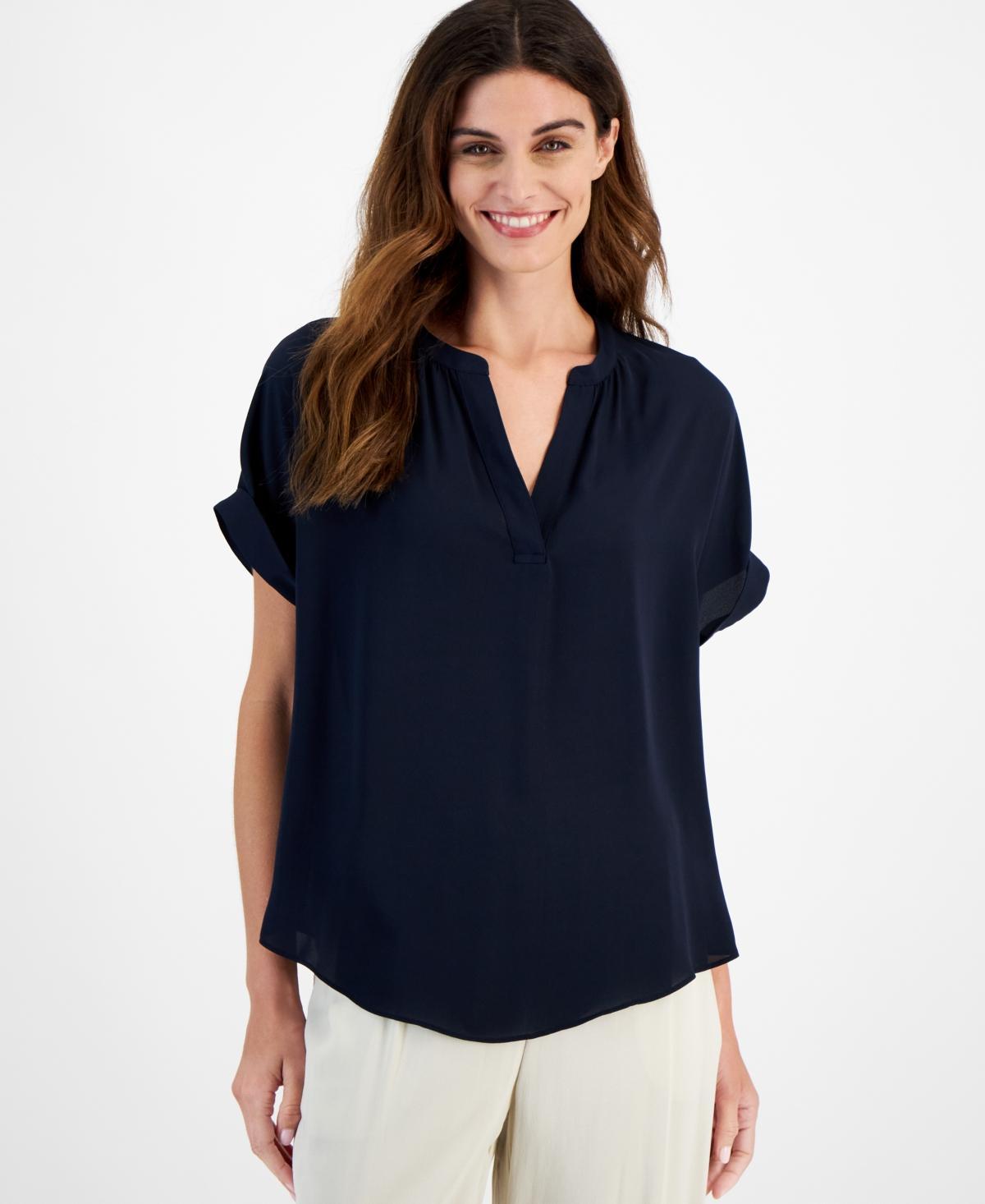 T Tahari Womens Split-Neck Rolled-Cuff Top Product Image