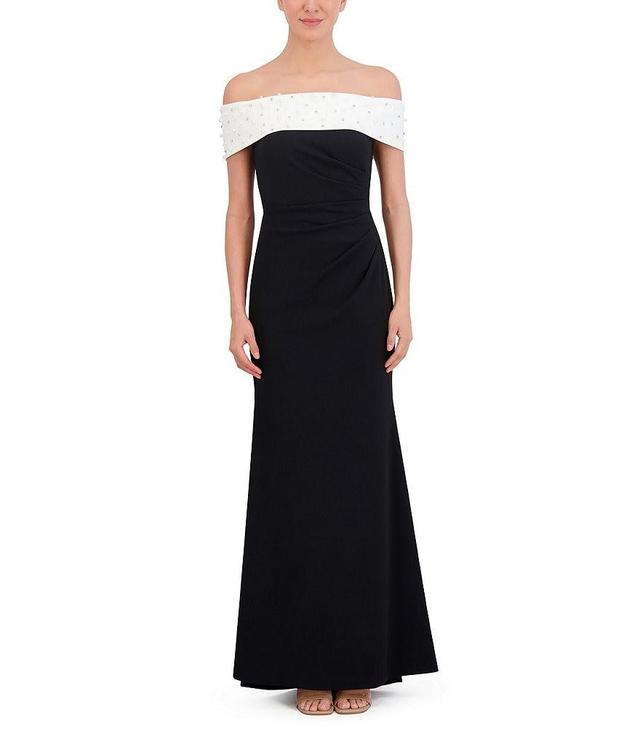 Eliza J Stretch Scuba Crepe Pearl Embellished Off-The-Shoulder Sleeveless Mermaid Gown Product Image