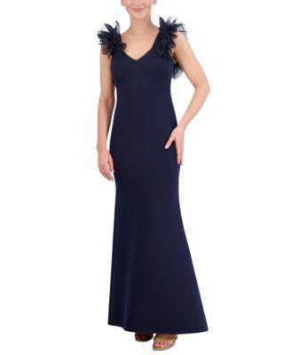 Eliza J Womens Ruffle-Shoulder Mixed-Media Gown Product Image