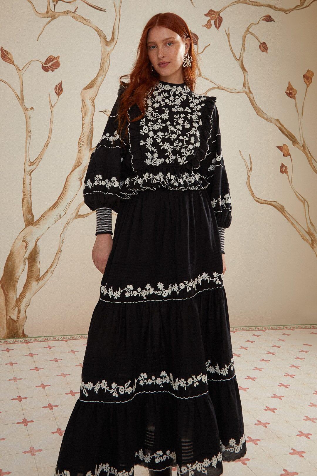 Black Embroidered Ruffle Maxi Skirt Product Image