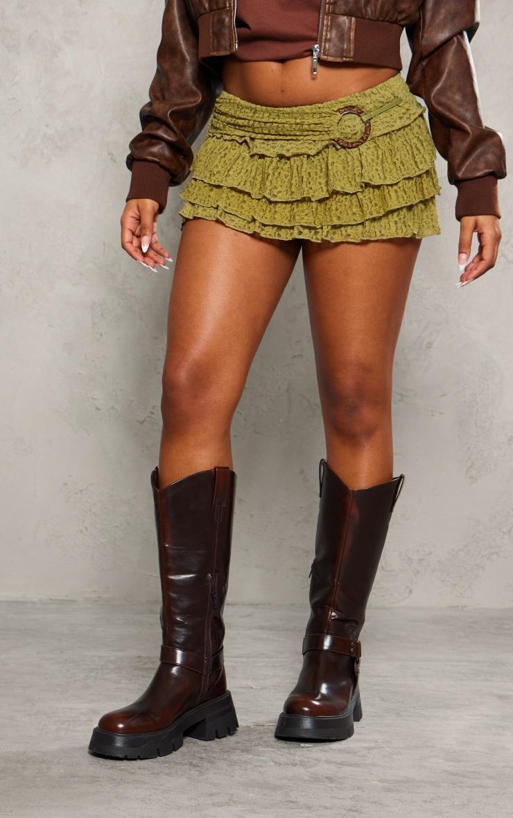 Olive Textured Ring Tiered Mini Skirt Product Image