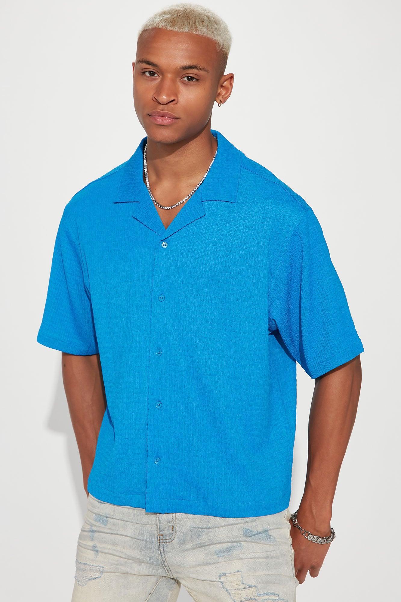 You Can Feel It Textured Short Sleeve Button Up - Blue Product Image