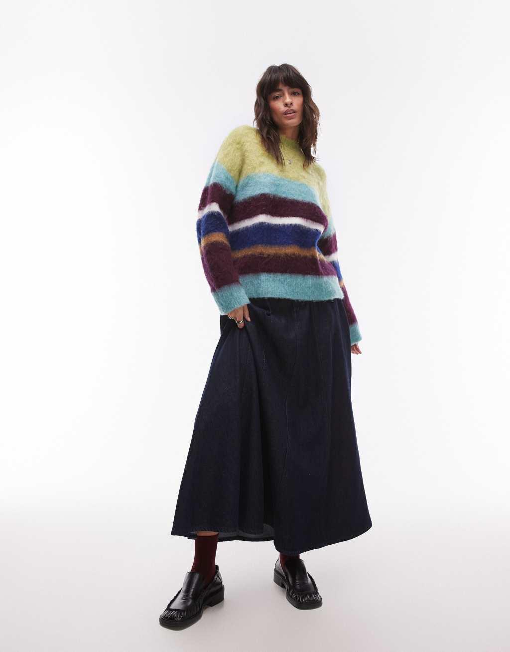 Topshop knitted fluffy stripe relaxed sweater in multi stripe Product Image