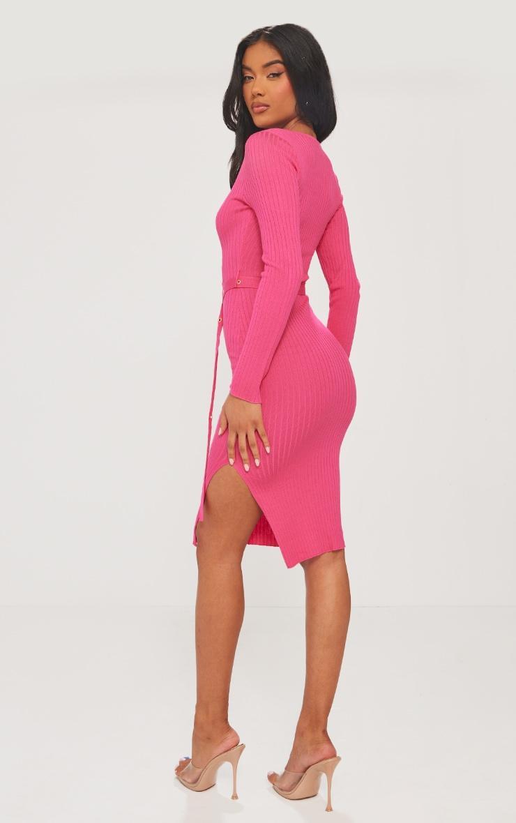 Fuschia Long Sleeve Belted Midi Dress Product Image