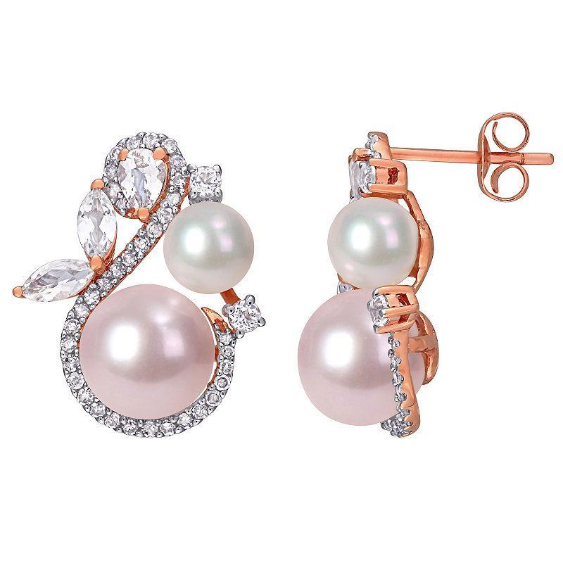 Stella Grace 10k Rose Gold Freshwater Cultured Pearl, White Topaz & 1/3 Carat T.W. Diamond Swan Stud Earrings, Womens Product Image