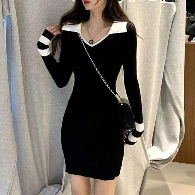 Long-Sleeve Collar Striped Knit Mini Sheath Dress Product Image