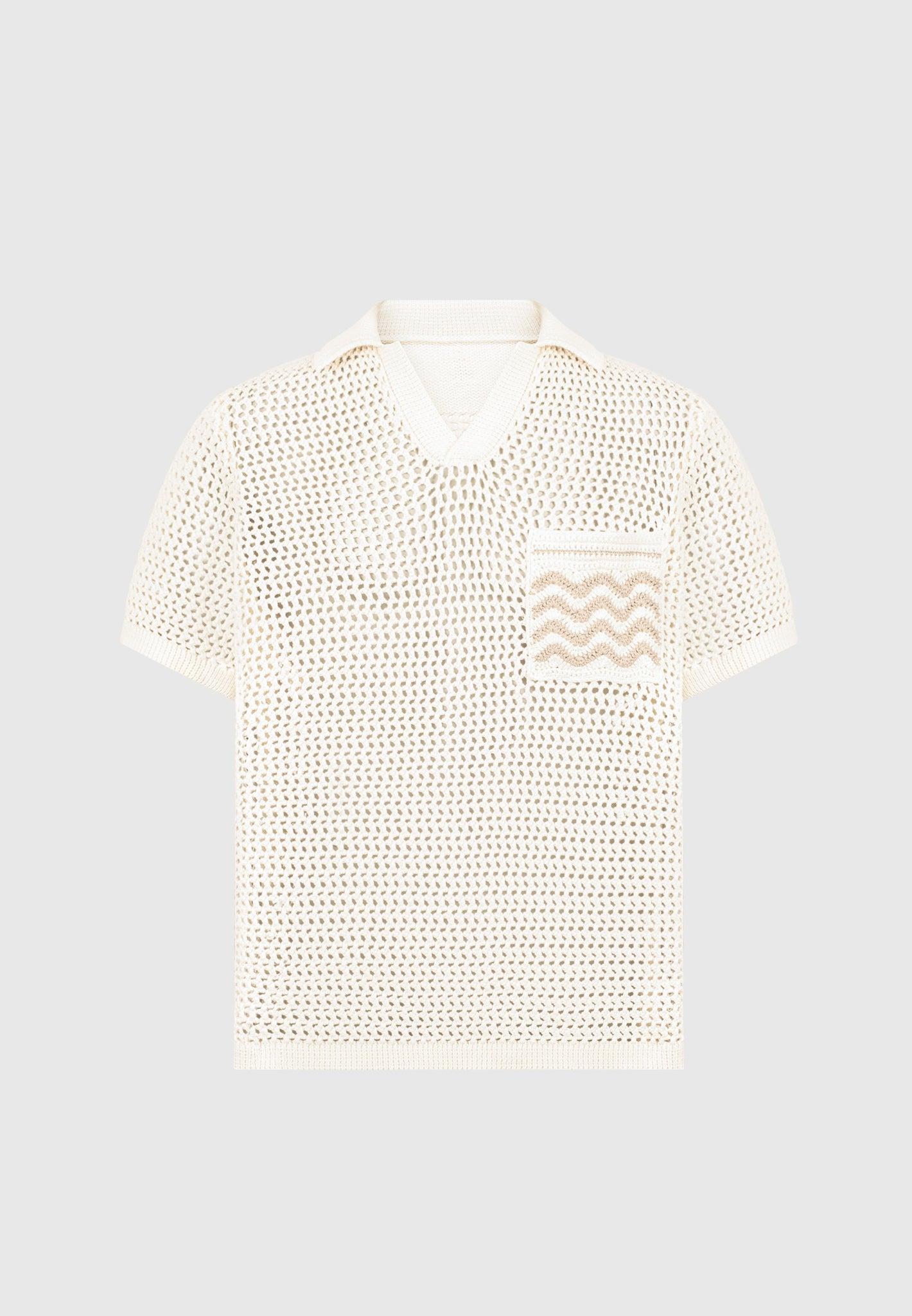 Crochet Knit Polo Shirt  - Cream Male Product Image