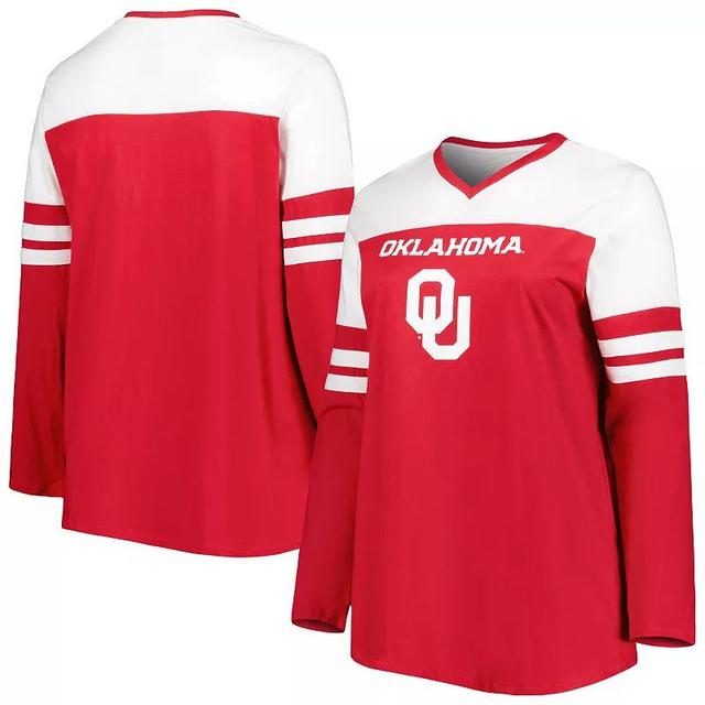 Womens Crimson Oklahoma Sooners Plus Size Long Sleeve Stripe V-Neck T-Shirt Product Image