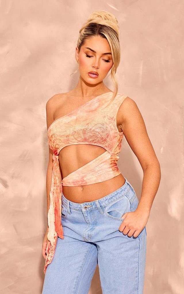 Orange Printed Crinkle Mesh Tie Side Crop Top Product Image