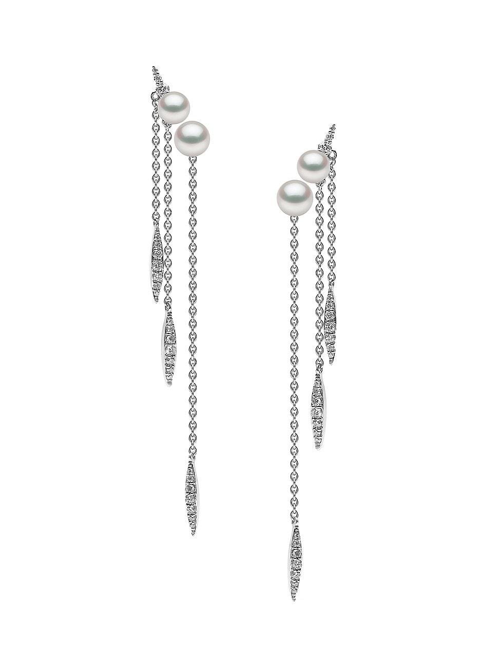 Womens 18K White Gold, Pearl & Diamond Chain Drop Earrings Product Image