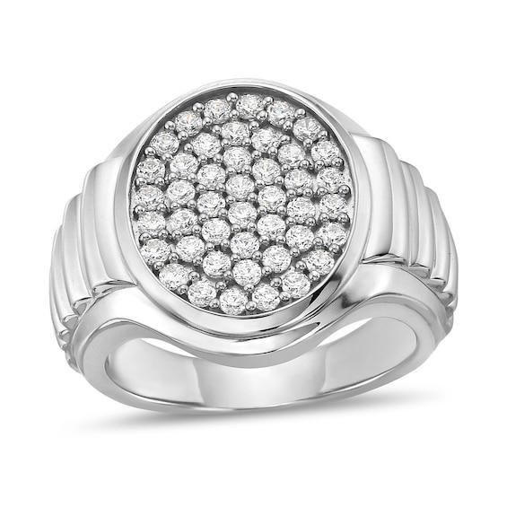 Men's 1 CT. T.w. Oval Frame Multi-Diamond Ribbed Shank Ring in 10K White Gold Product Image