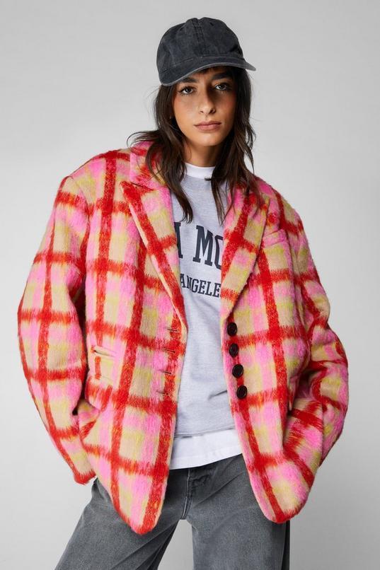 Premium Neon Plaid Tailored Blazer Coat Product Image