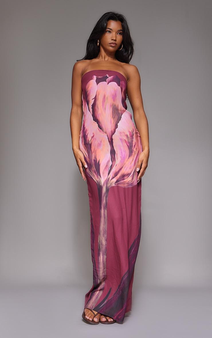 Burgundy Oversized Chiffon Floral Print Bandeau Maxi Dress Product Image