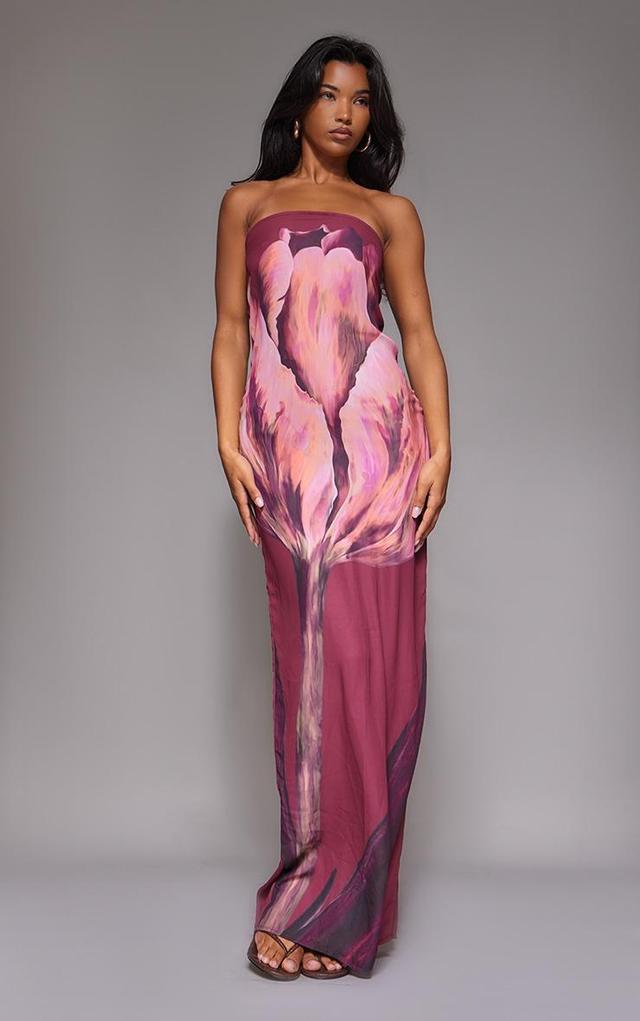 Burgundy Oversized Chiffon Floral Print Bandeau Maxi Dress Product Image