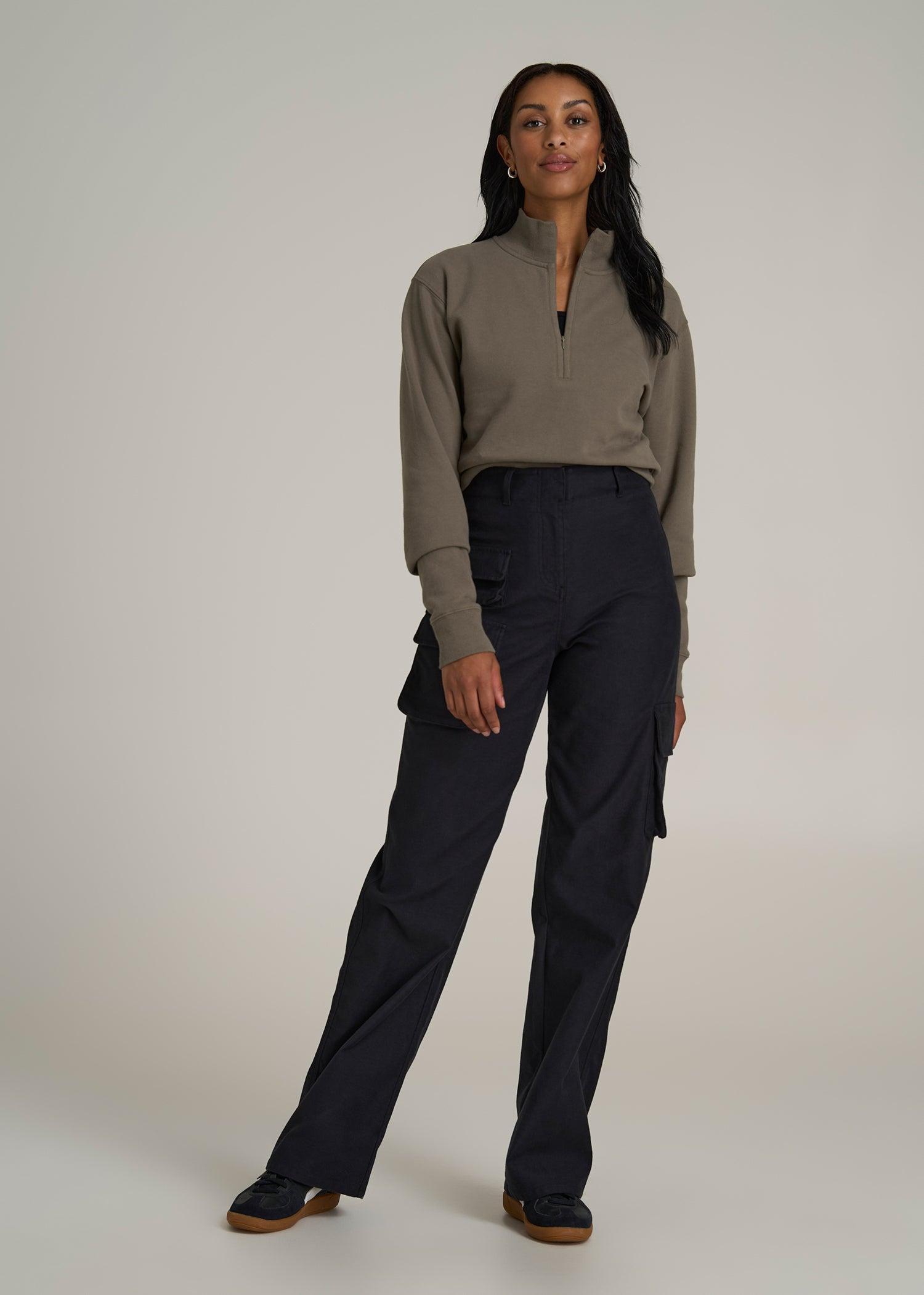 High-Waist Flat Front Cargo Pants for Tall Women in Black Product Image