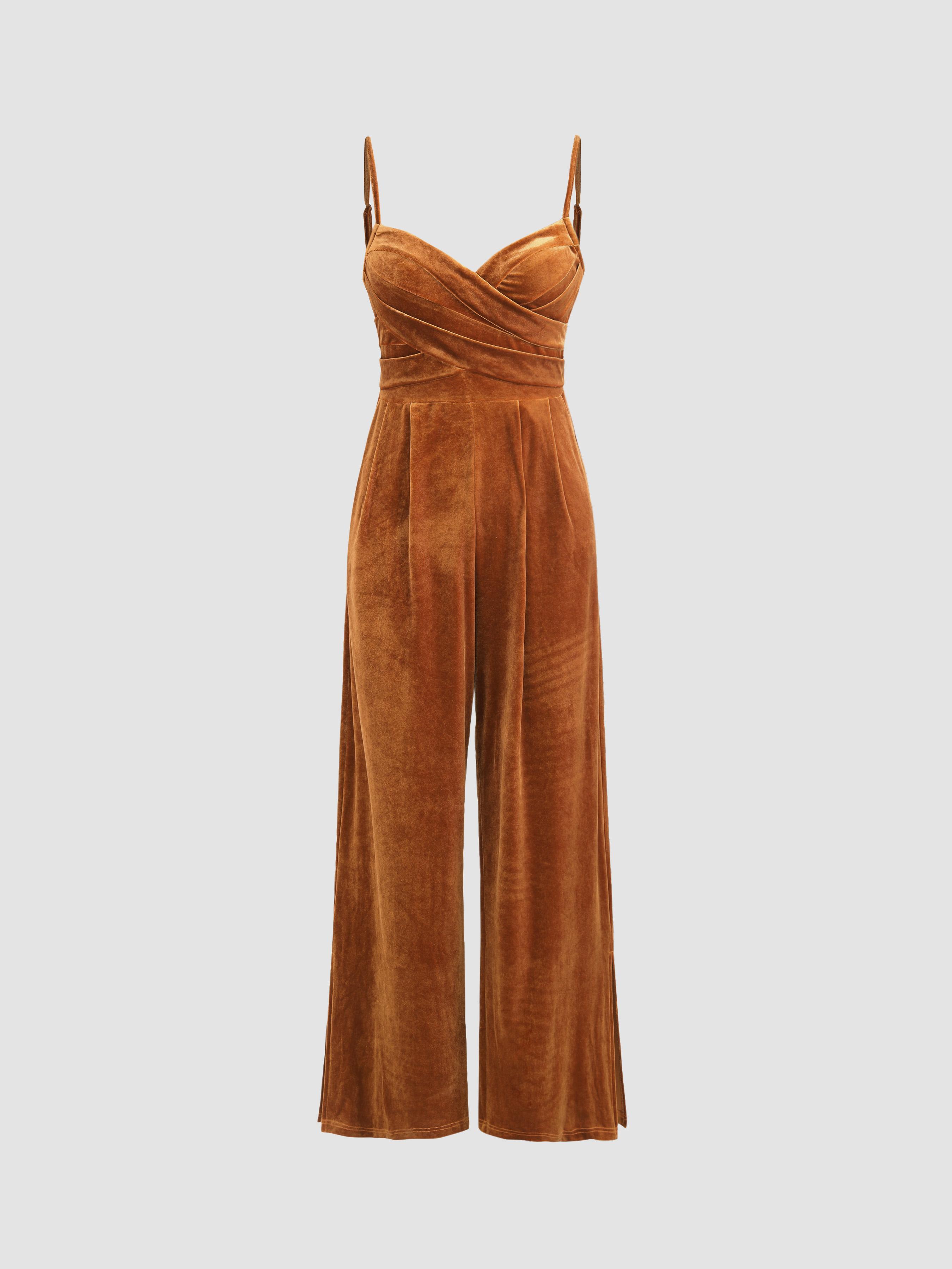 Velvet Solid Cross Wide Leg Jumpsuit Product Image