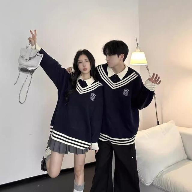 Couple Matching Long Sleeve V-Neck Contrast-Trim Striped Loose-Fit Sweater Product Image