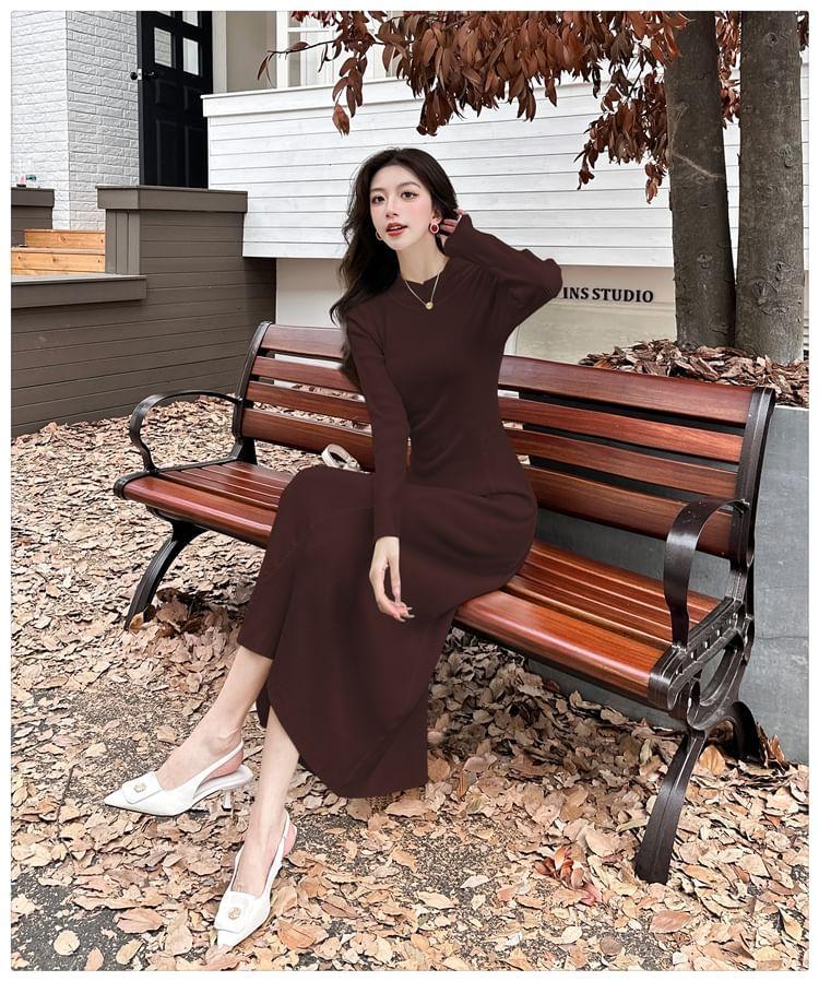 Long-Sleeve Mock Neck Plain Midi A-Line Knit Dress Product Image