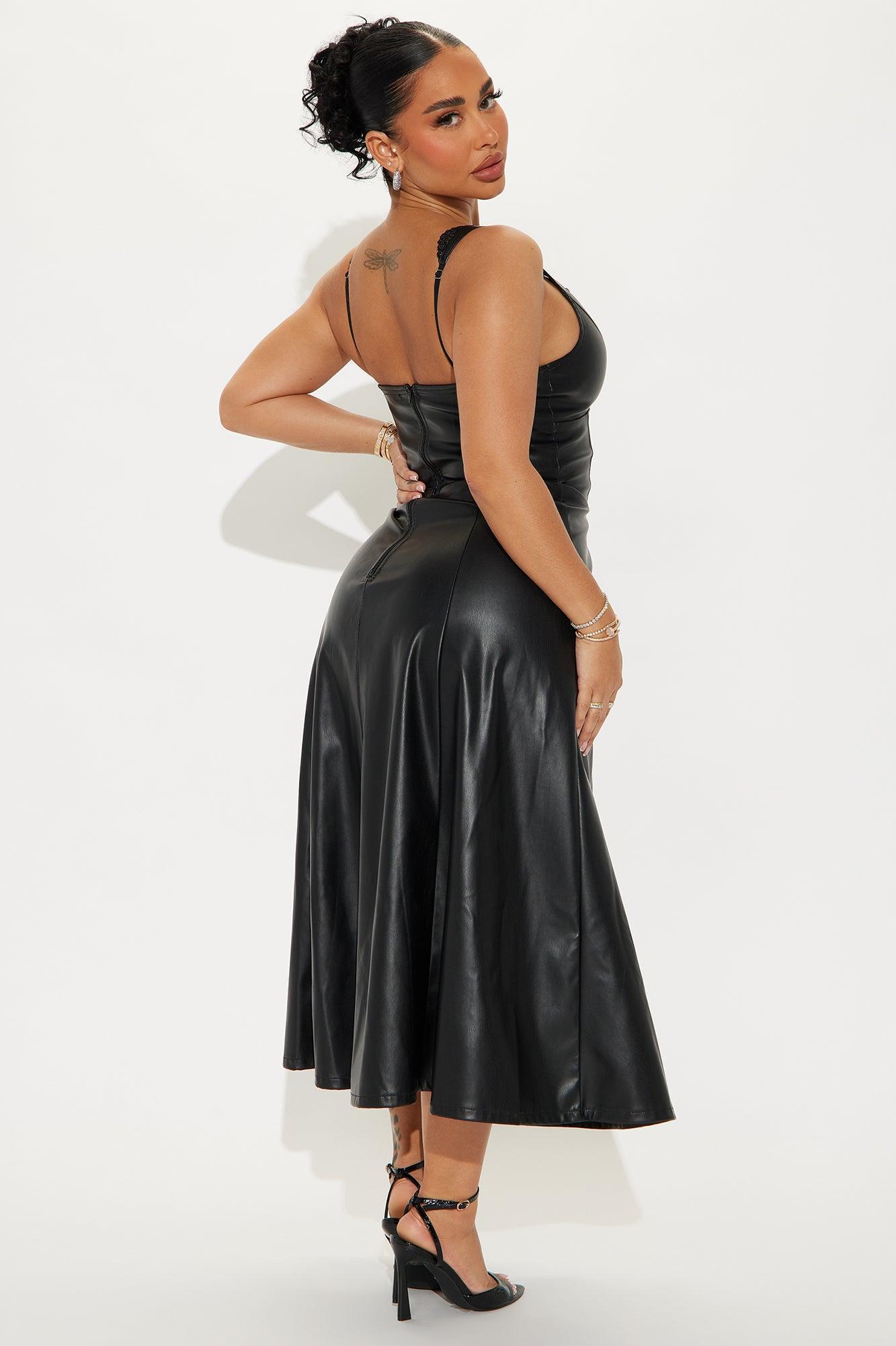 Been Fine Faux Leather Corset Midi Dress - Black Product Image