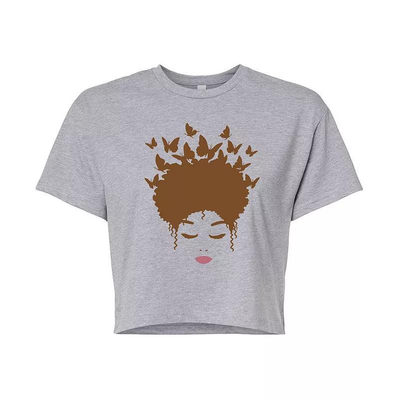 Juniors Woman of Color Brown Butterfly Hair Cropped Tee, Girls Grey Gray Product Image