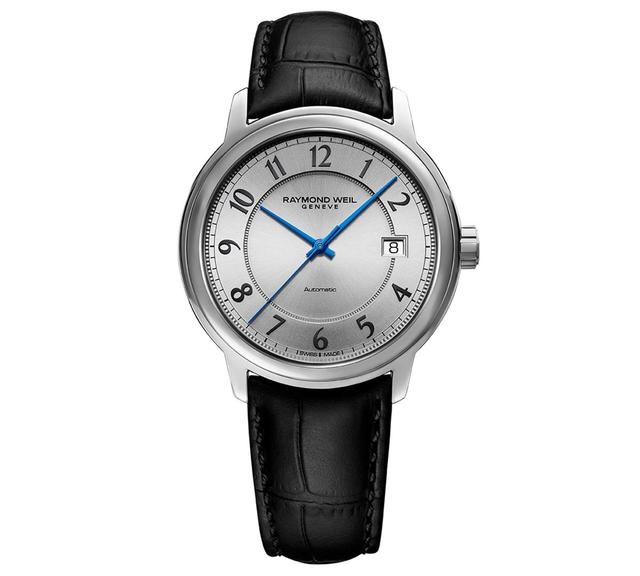 Raymond Weil Mens Swiss Automatic Maestro Black Leather Strap Watch 39mm - Silver Product Image