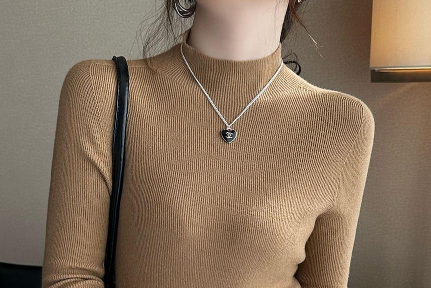 Long-Sleeve Mock Neck Plain Slim Fit Knit Top Product Image