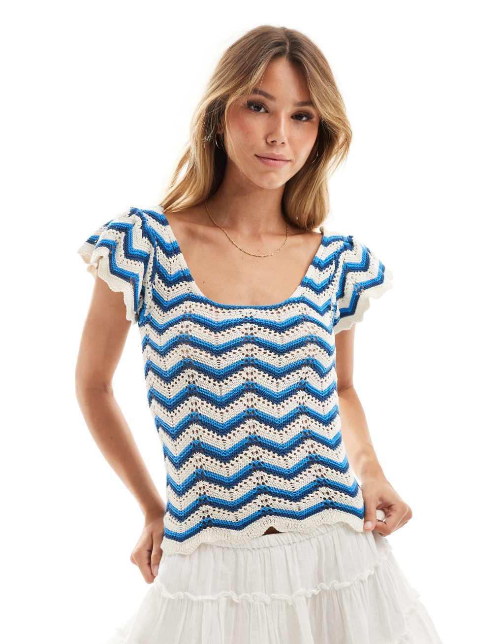 Vila crochet cap sleeve top in blue and cream Product Image