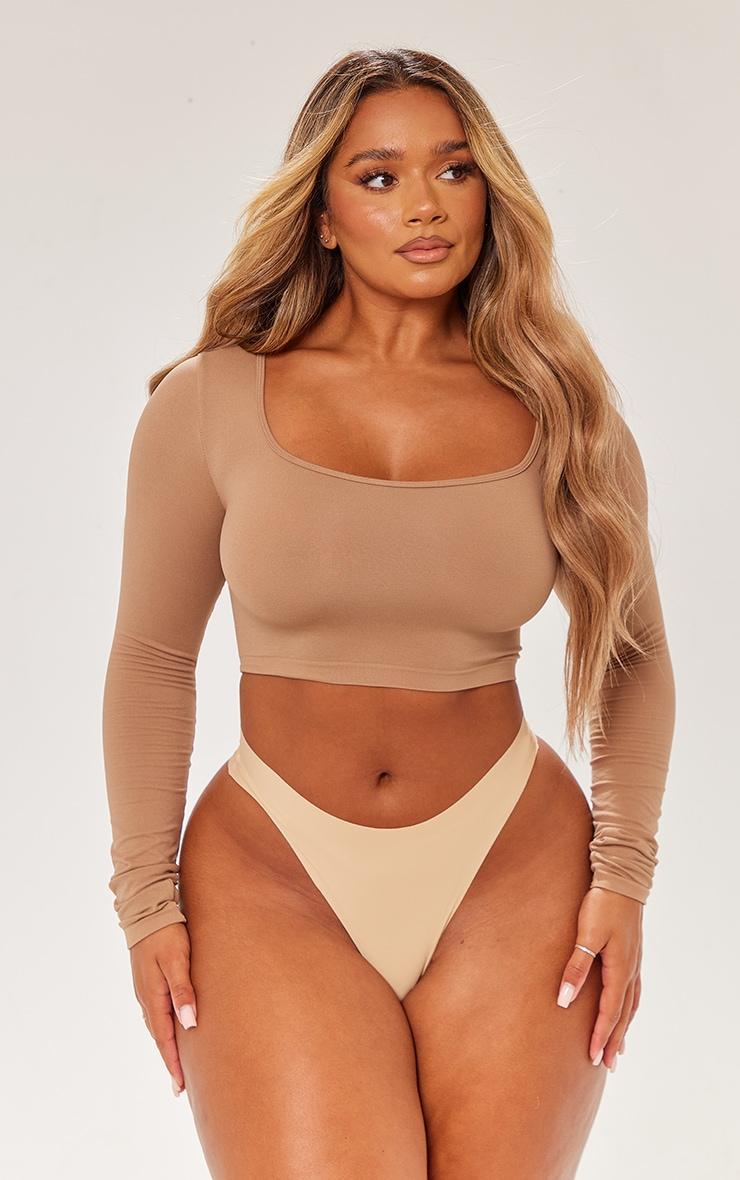 Shape Chocolate Brown Stretch Seamless Scoop Neck Long Sleeve Crop Top Product Image