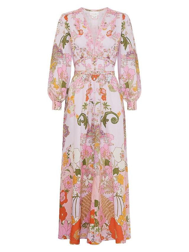 Womens Floral Linen V-Neck Maxi Dress Product Image