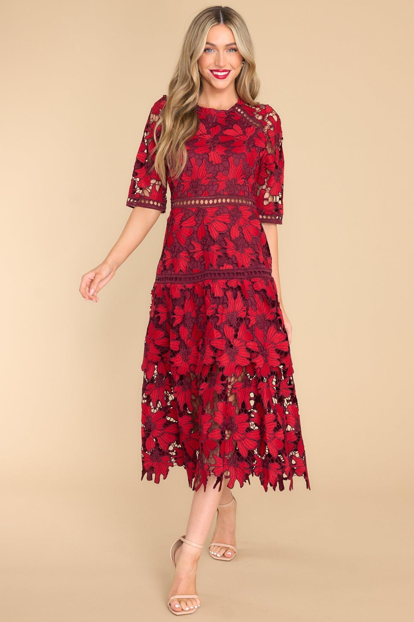 Get To The Point Red Lace Midi Dress Product Image