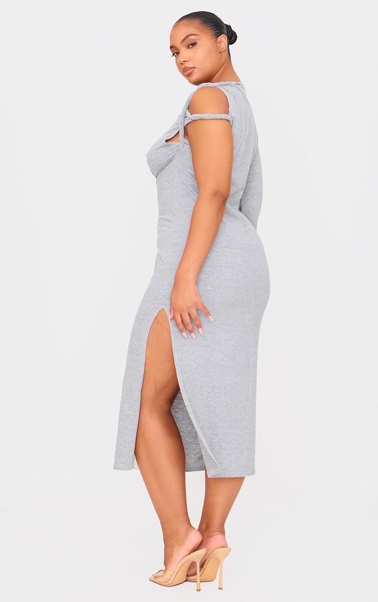 Plus Grey Marl Asymmetric Twist Shoulder Soft Touch Midi Dress Product Image