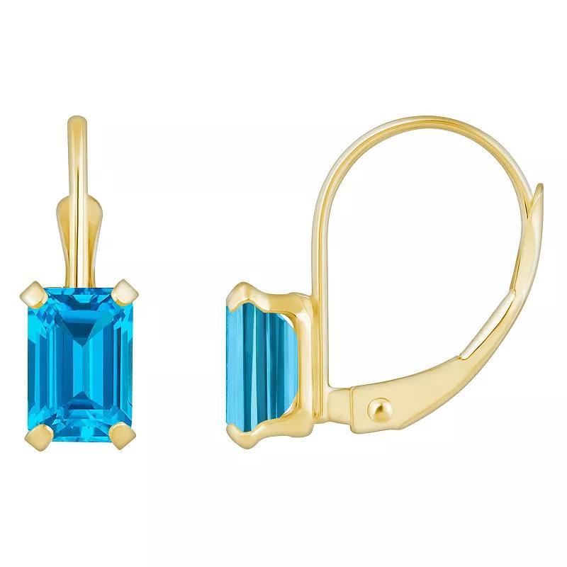 Celebration Gems 10k Gold Emerald Cut Swiss Blue Topaz Leverback Earrings, Womens Product Image