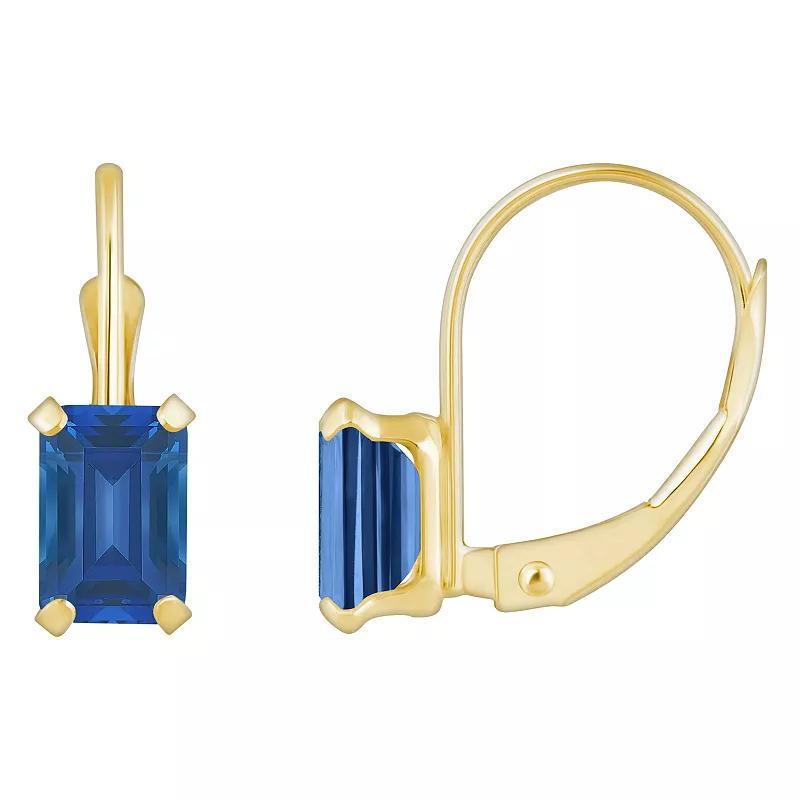 Celebration Gems 10k Gold Emerald Cut Lab-Created Sapphire Leverback Earrings, Womens, Blue Product Image