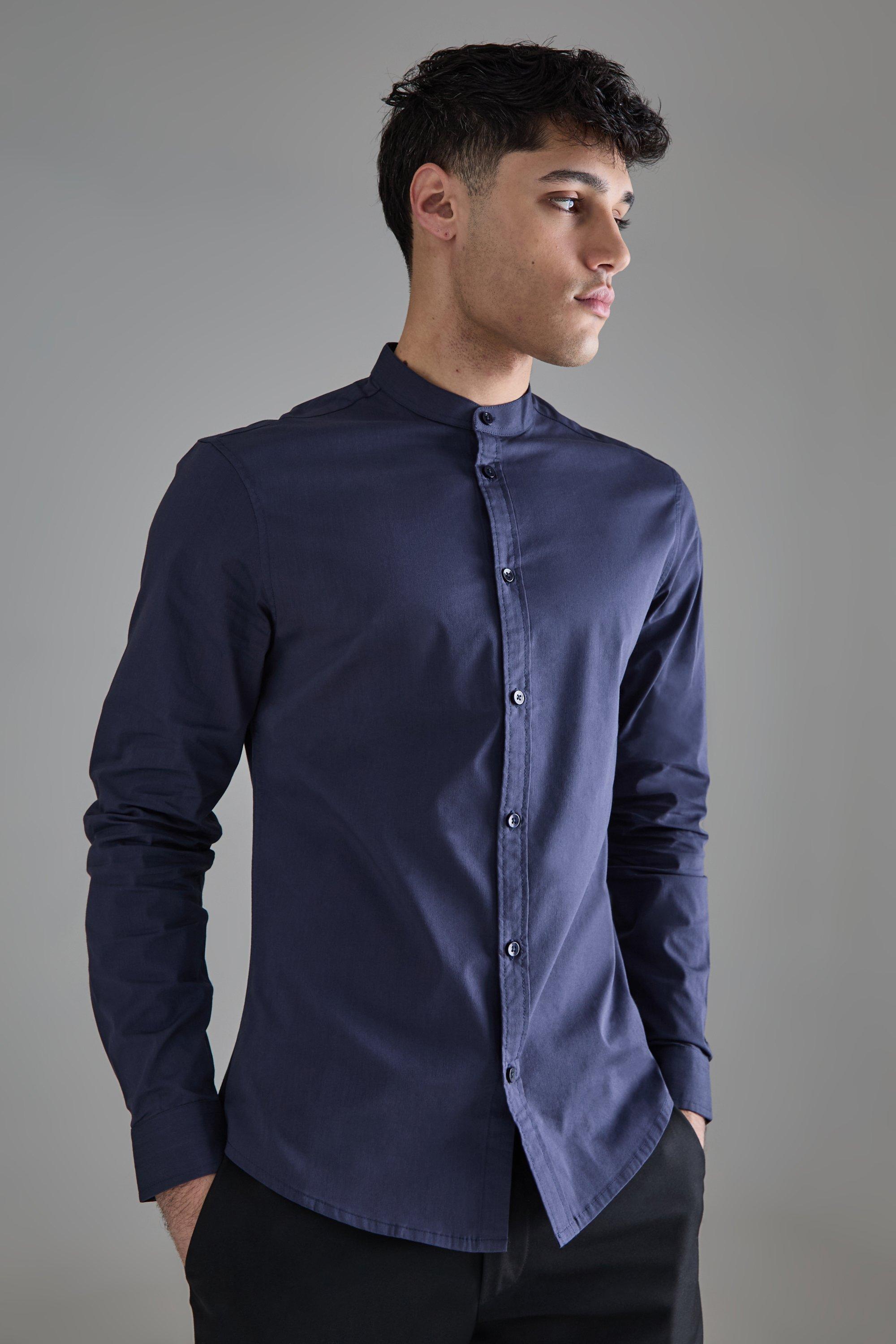 Long Sleeve Grandad Collar Slim Shirt | boohooMAN USA Product Image