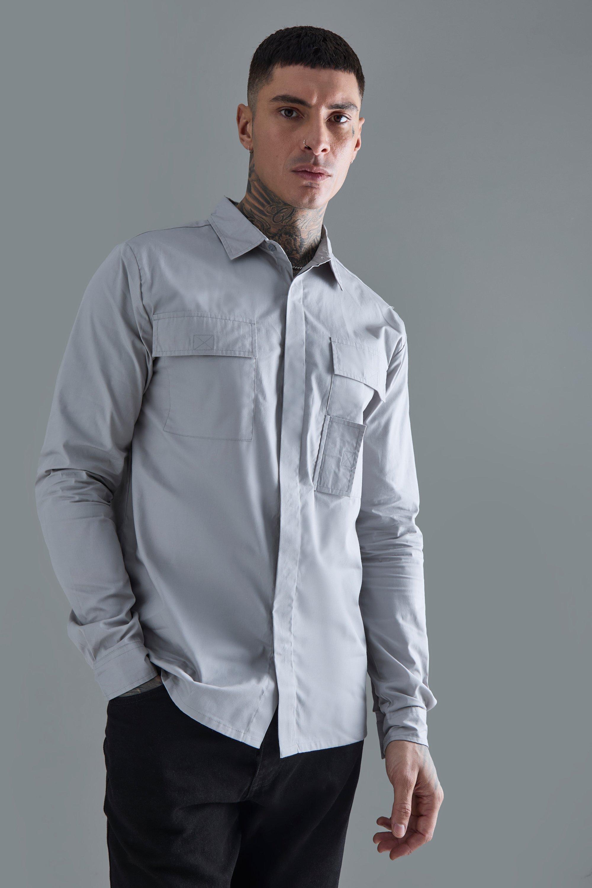 Tall Longsleeve Poplin Utility Layered Shirt | boohooMAN USA Product Image