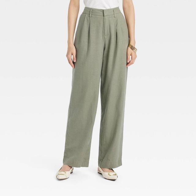 Womens High-Rise Linen Pleat Front Straight Trousers - A New Day Sage 10 Long Product Image