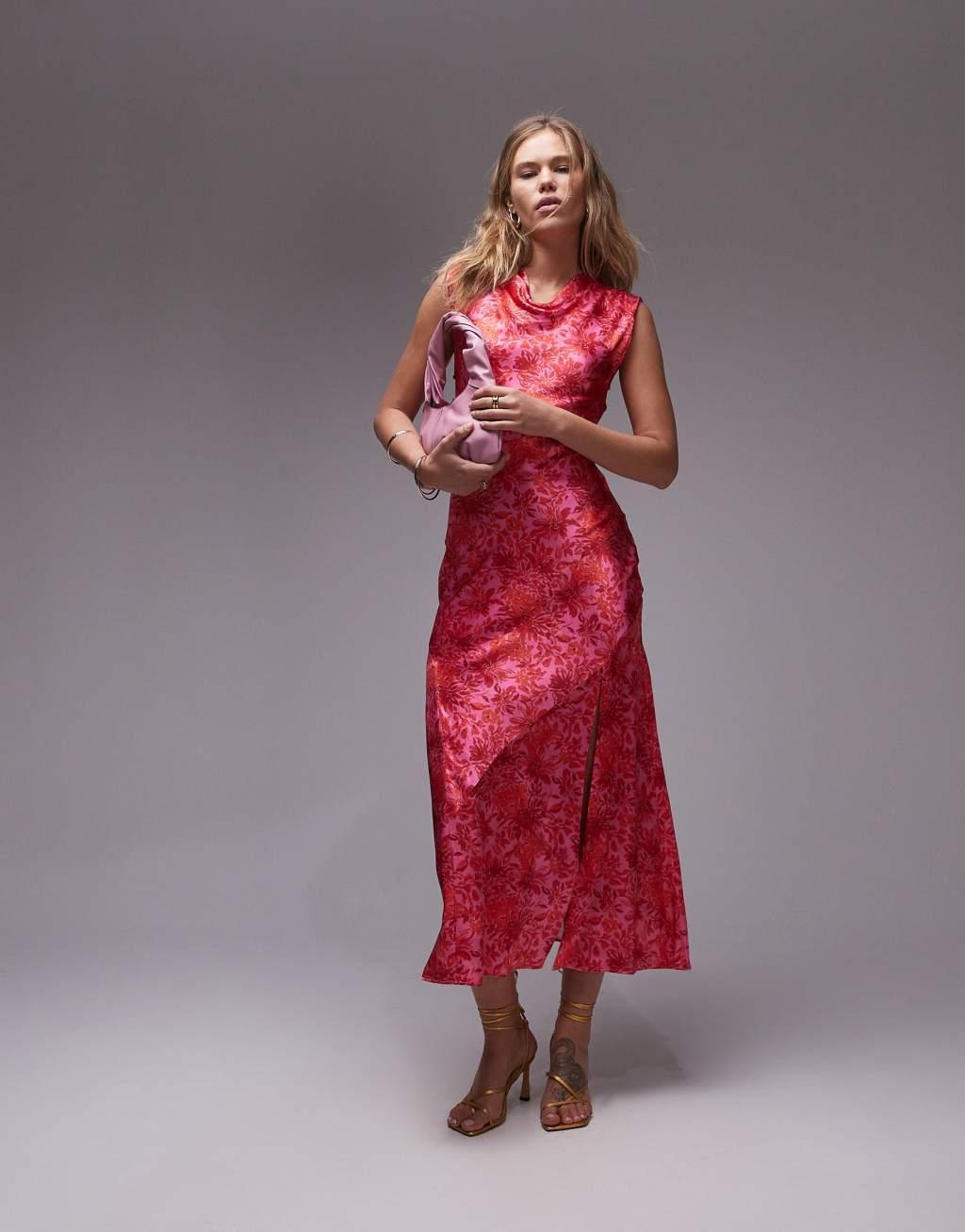 Topshop drape neck maxi dress in pink floral Product Image