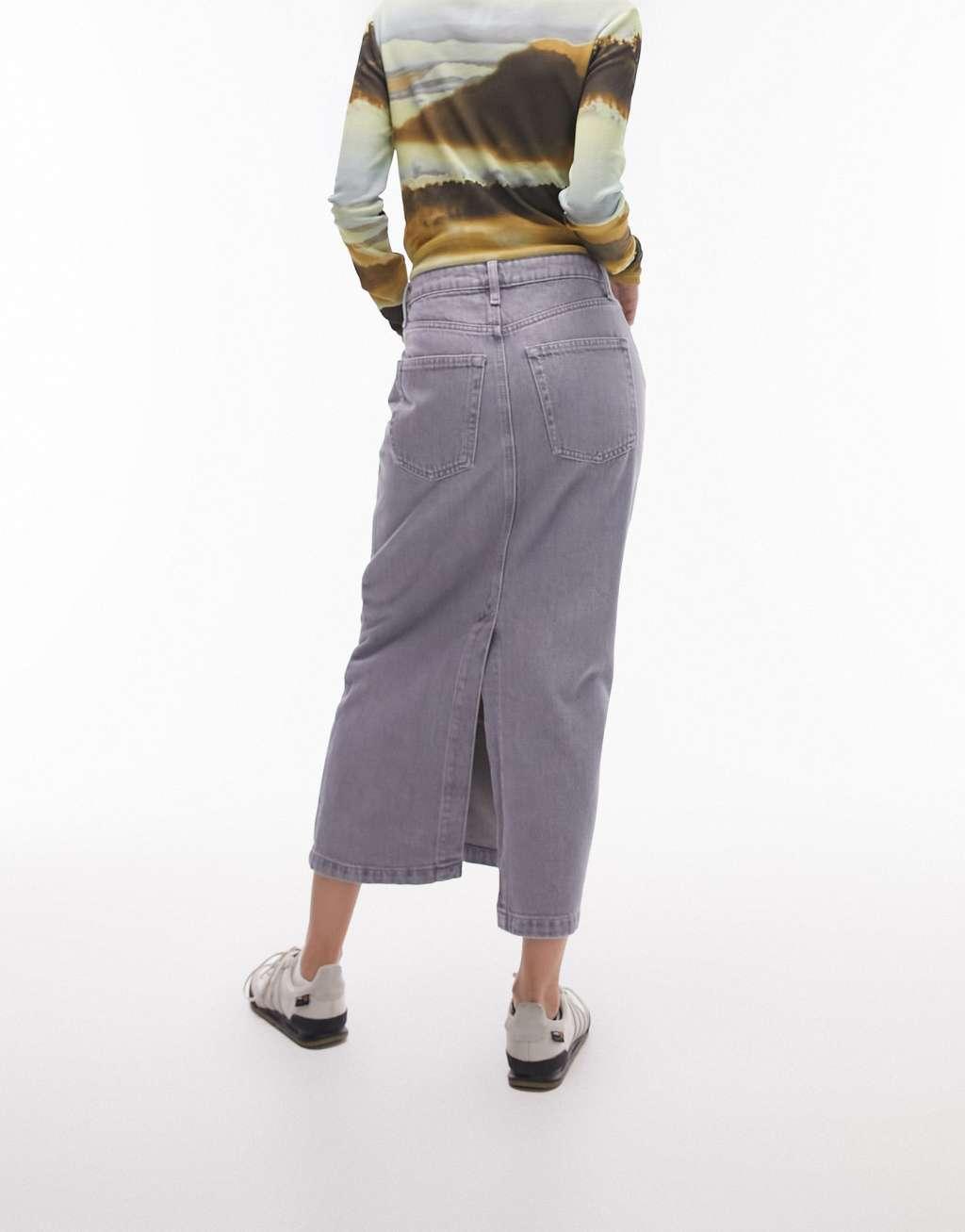 Topshop petite denim midi skirt in gray  Product Image