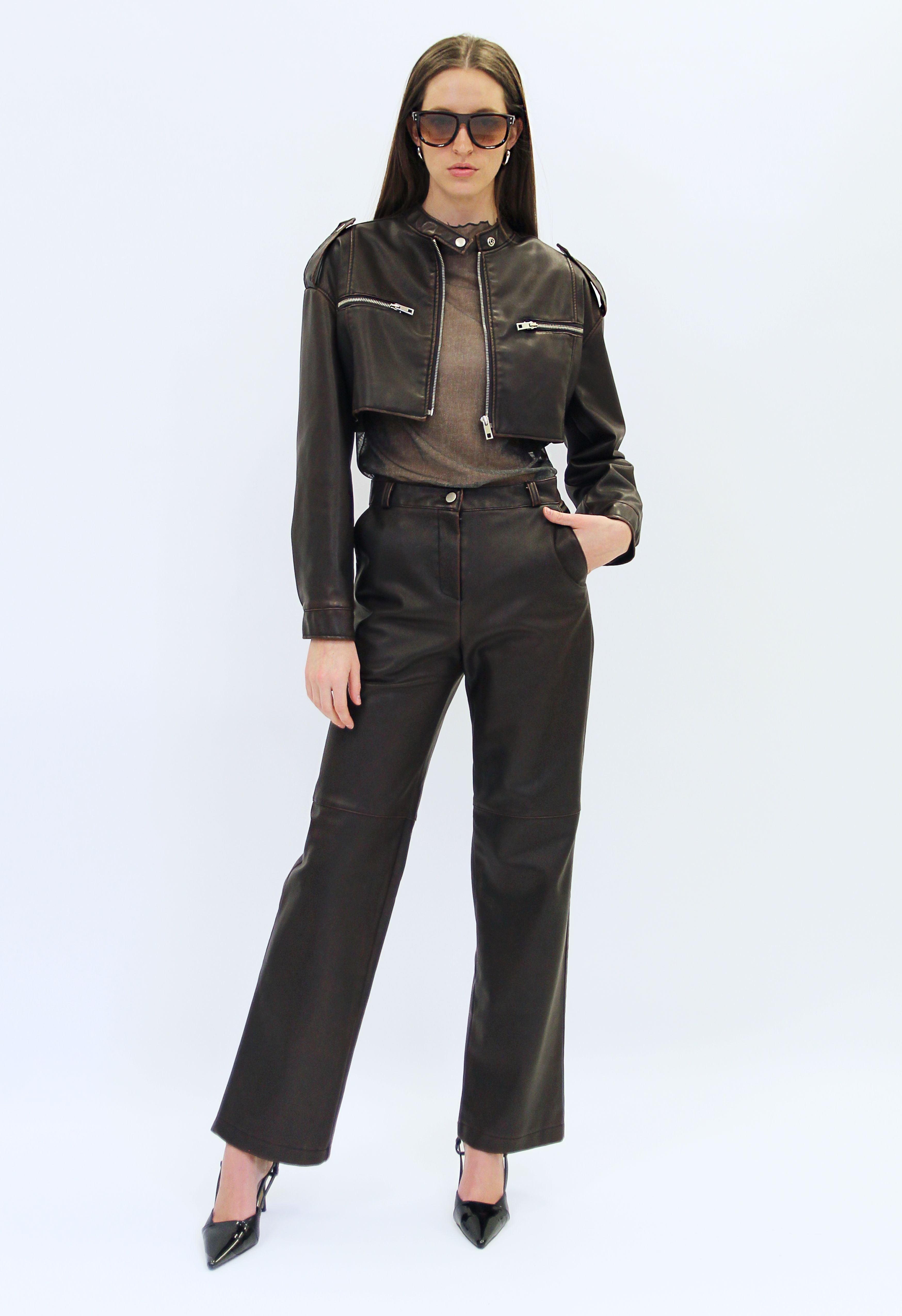 Brown Leather Cropped Jacket Product Image