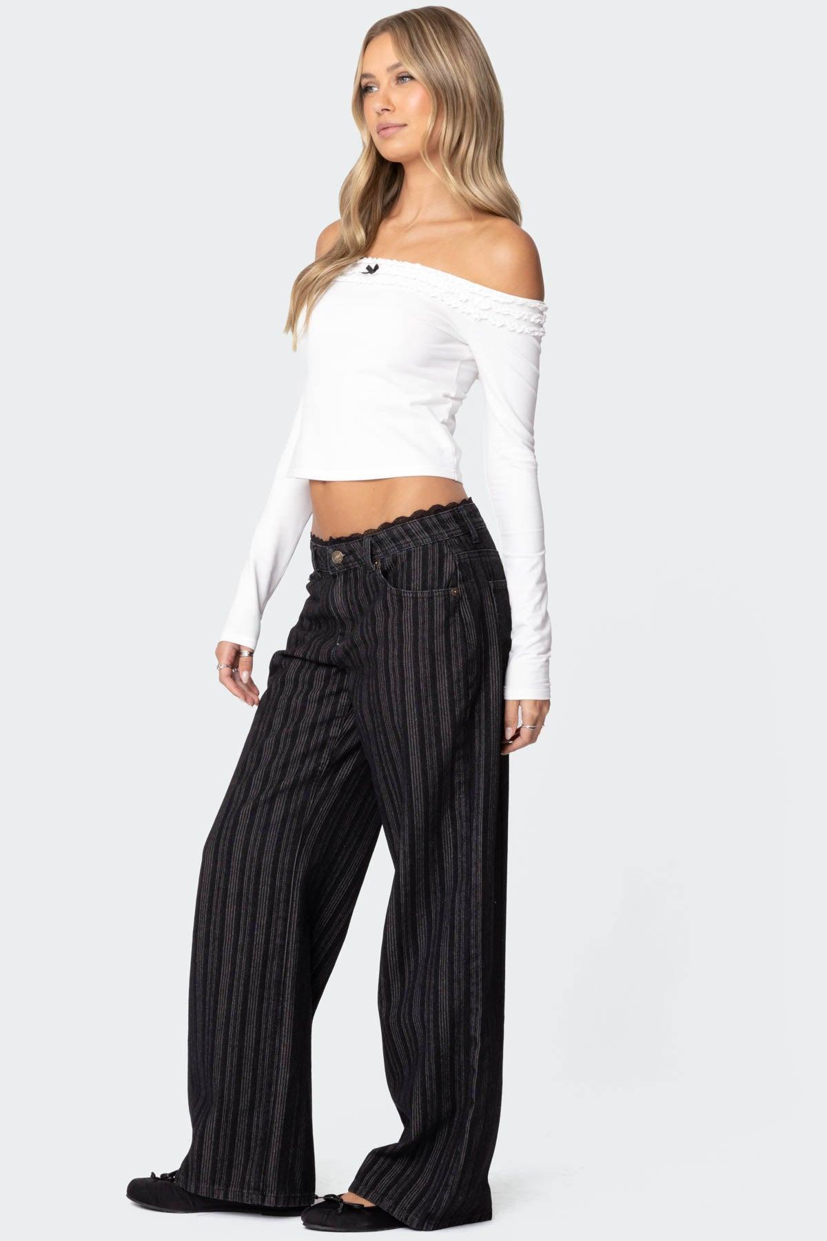 Lace Trim Striped Low Rise Jeans Product Image