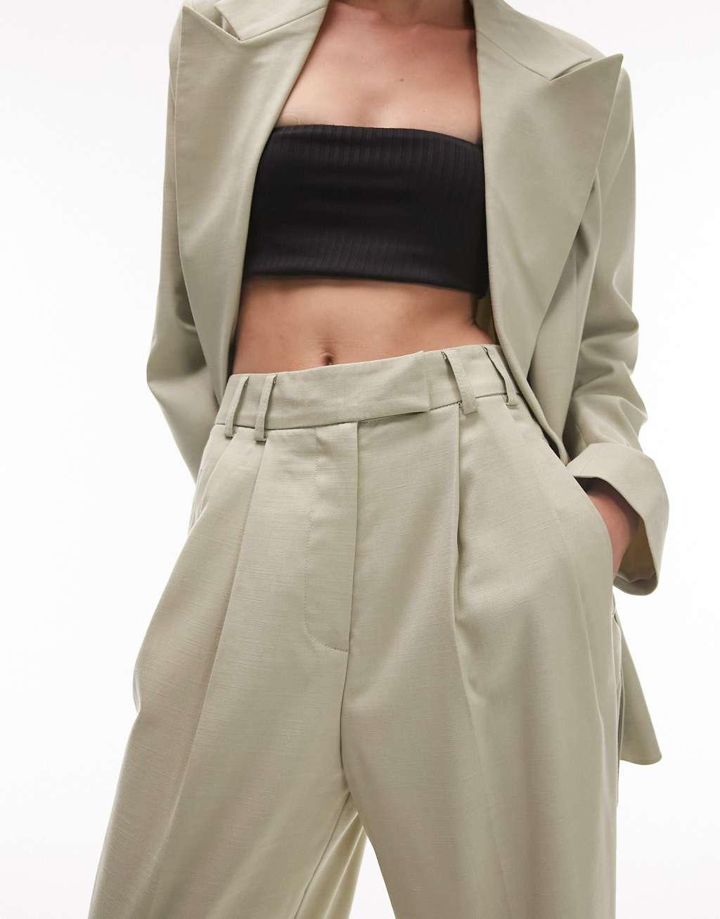 Topshop Petite straight tailored pants in sage - part of a set Product Image