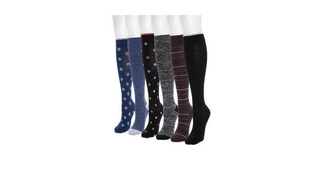 Muk Luks Womens 6 Pack Nylon Compression Knee-High Socks - Ebony/burgundy Product Image