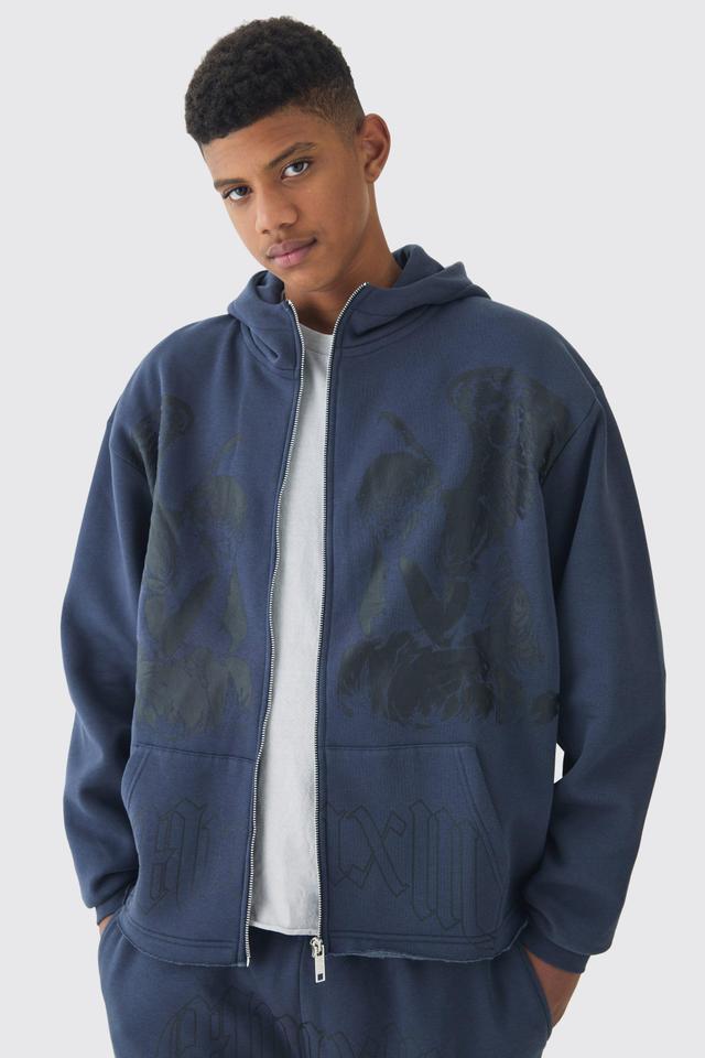 Tall Oversized Boxy Zip Thru Cherub Print Hoodie | boohooMAN USA Product Image