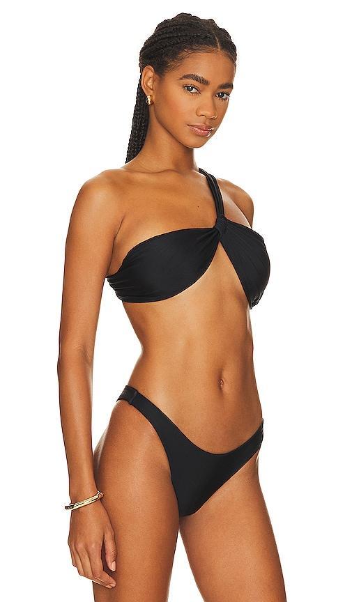 MIKOH Razo One Shoulder Bikini Top in Black. Product Image