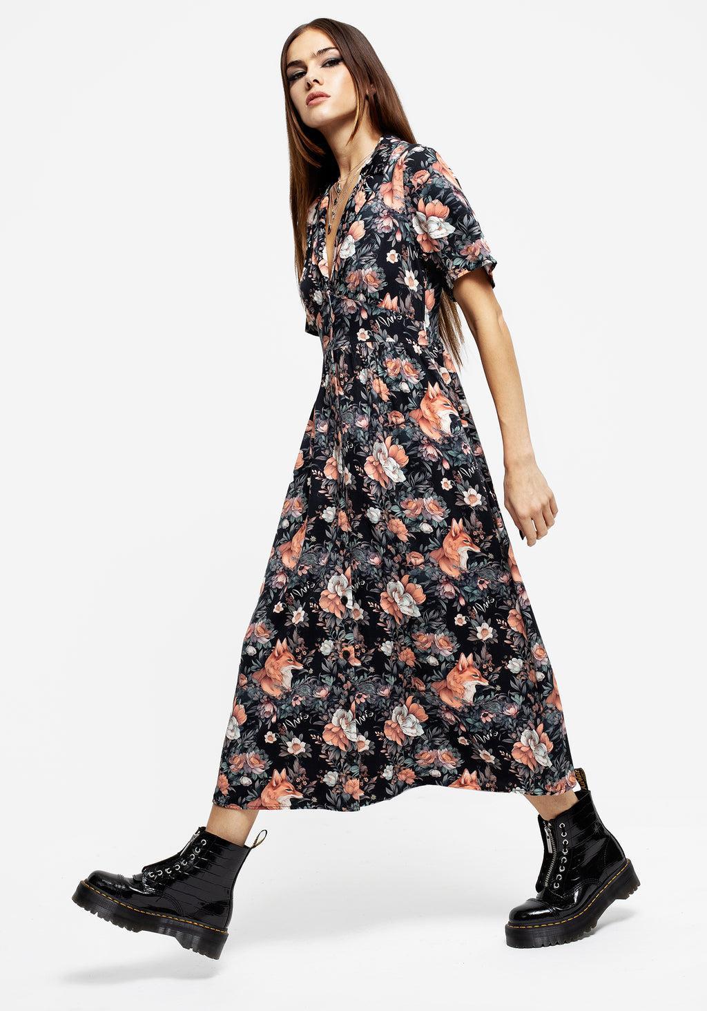 Reynard Fox Floral Print Midi Shirt Dress Product Image