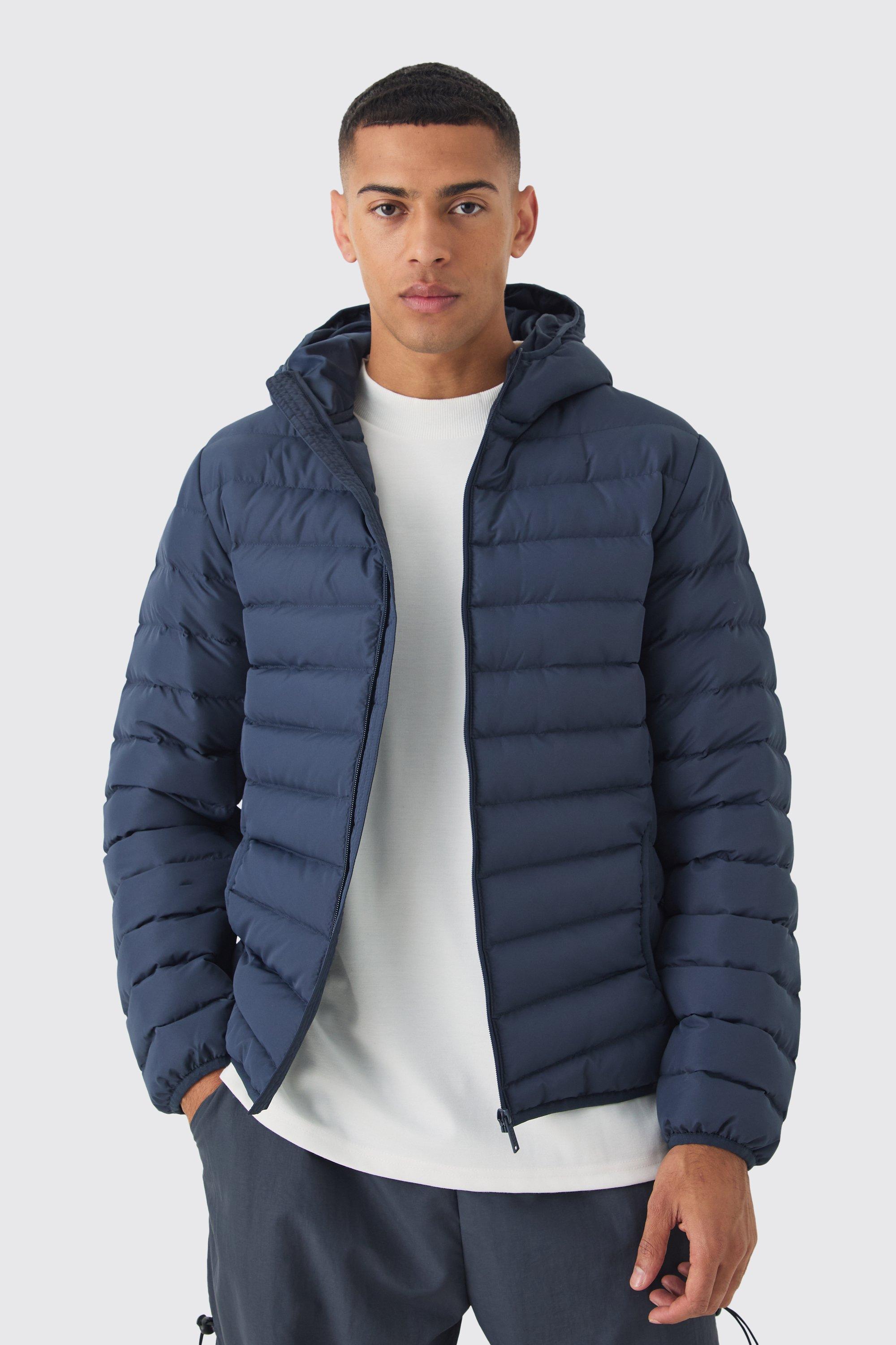 Quilted Zip Through Hooded Jacket In Navy | boohooMAN USA Product Image