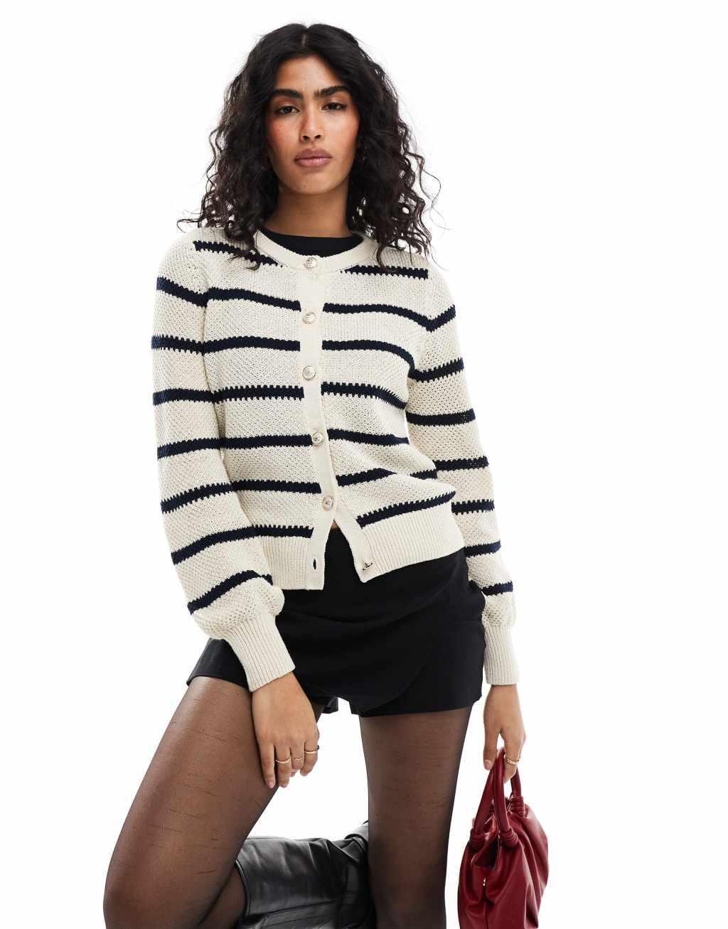 Vero Moda cotton knit striped cardigan in cream    Product Image