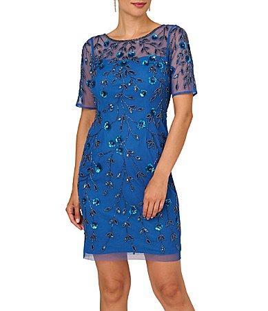 Adrianna Papell Floral Beaded Illusion Boat Neckline Elbow Sleeve Sheath Dress Product Image