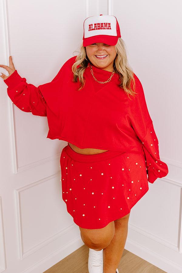 Sideline Chic Pearl Embellished Crop Sweatshirt in Red Curves Product Image