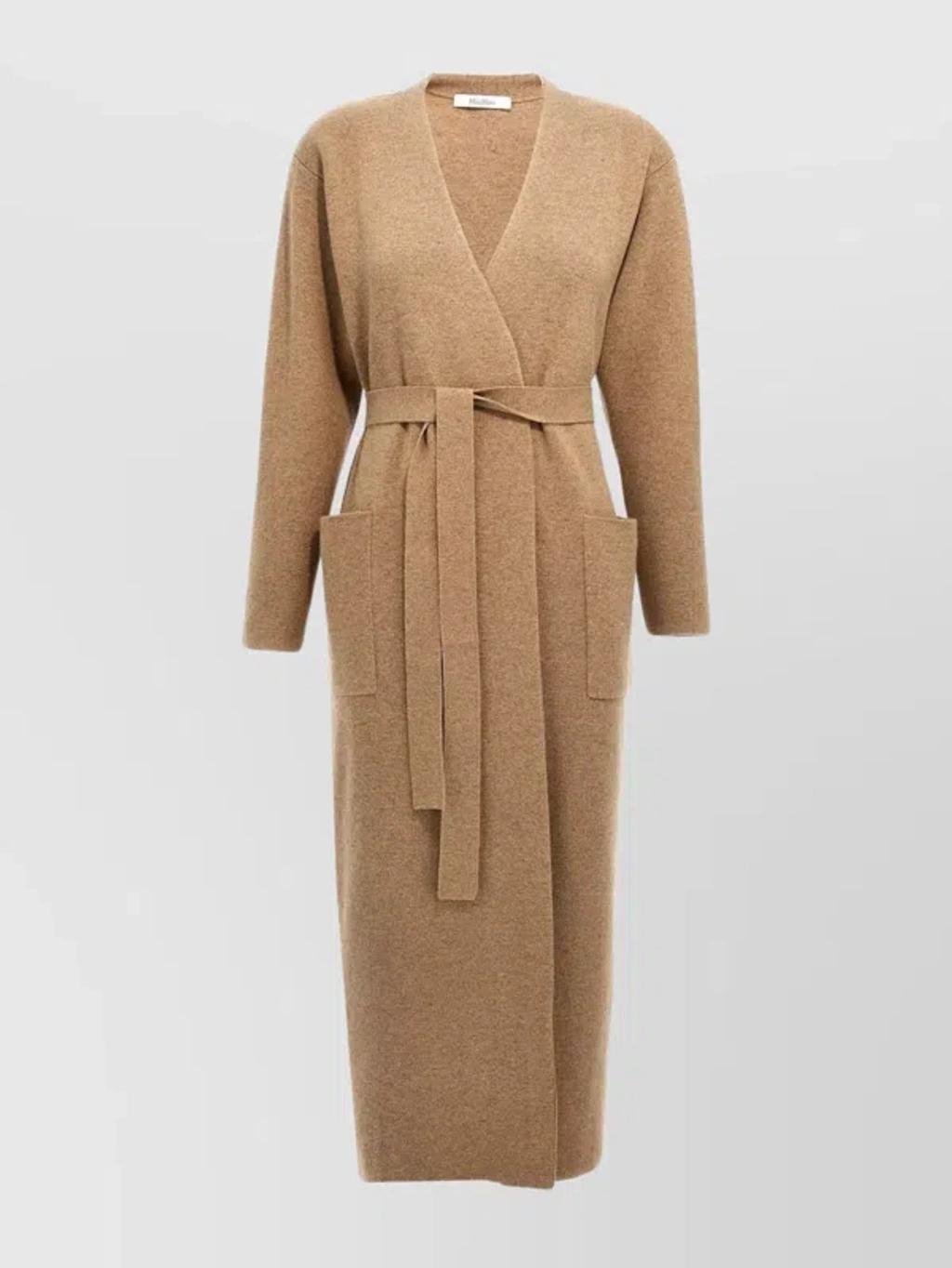 Waist Belt Cardigan With Pockets And Ribbed Texture In Brown product image